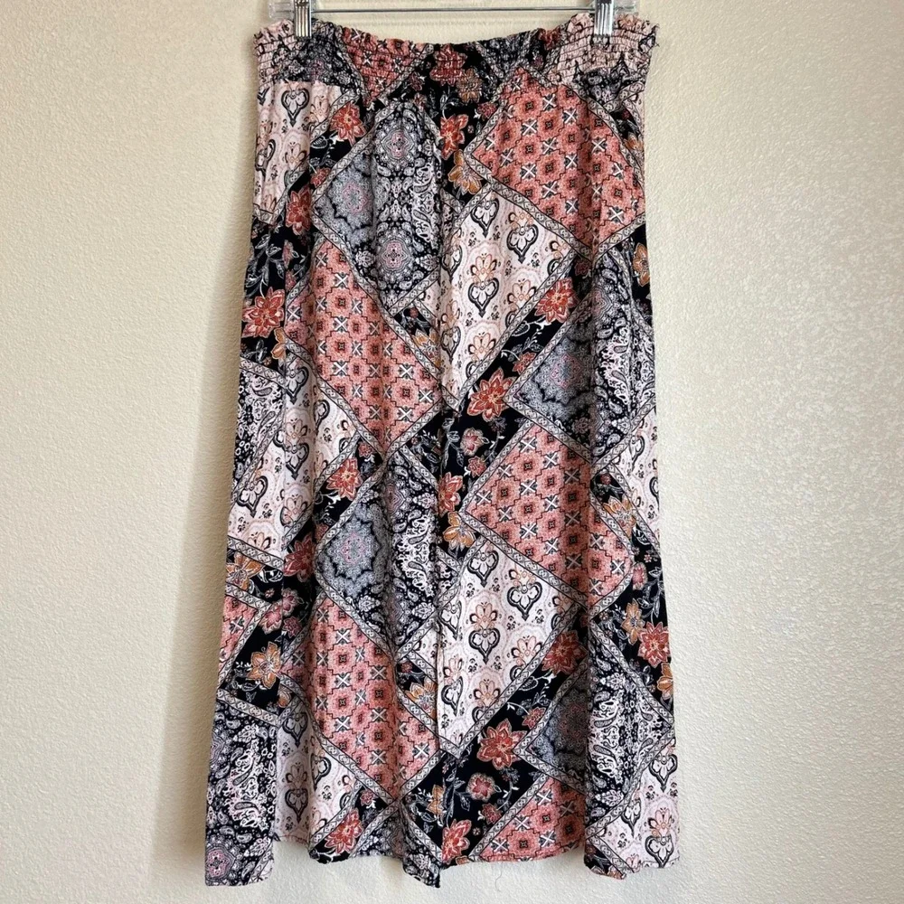 Indigo Rose Size L Skirt‎ Pink Black Patchwork Floral Paisley Midi Boho Cottage